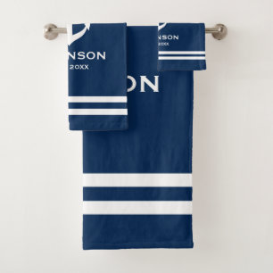 Conjunto De Toalhas Nome personalizado azul e branco do marinho da ân