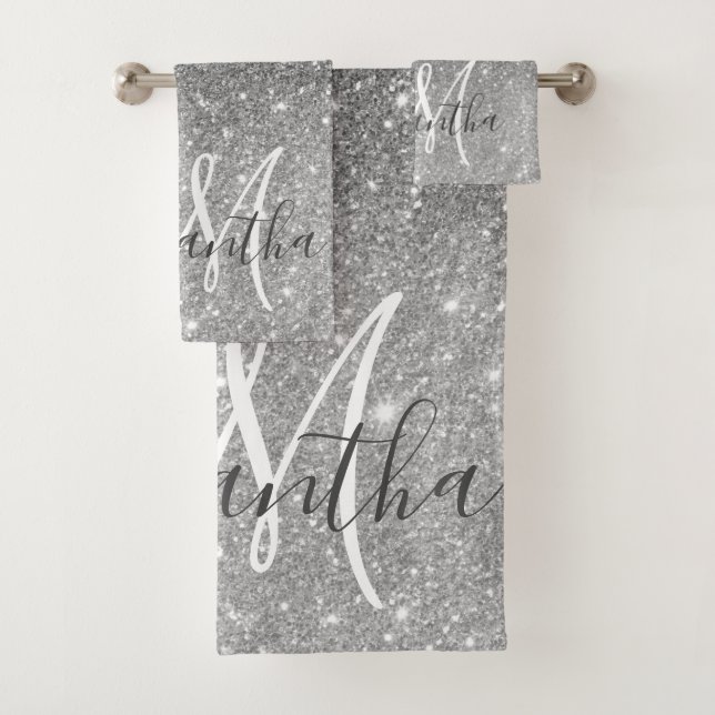 Conjunto De Toalhas Nome Personalizado da Glitter da Cinza Moderna (Insitu)