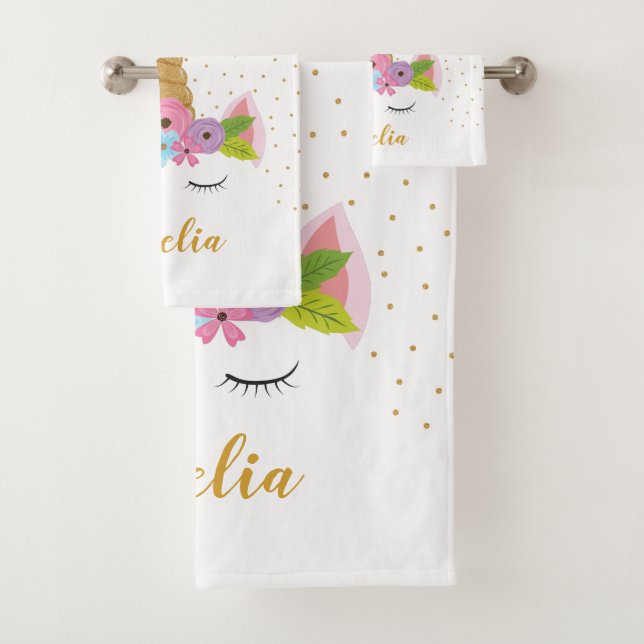 Conjunto De Toalhas Nome Personalizado de Rapariga Dourada do Unicórn  (Insitu)