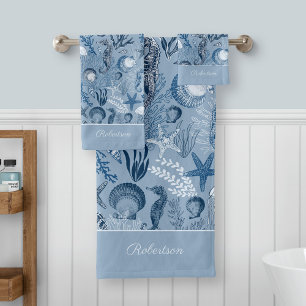 Conjunto De Toalhas Nome Personalizado de Vida do Mar do Oceano Azul
