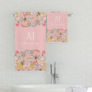 Conjunto De Toalhas Nome personalizado floral cor-de-rosa-giro-chico