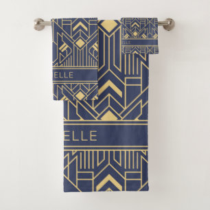 Conjunto De Toalhas Nome personalizado geométrico Dourado azul do art