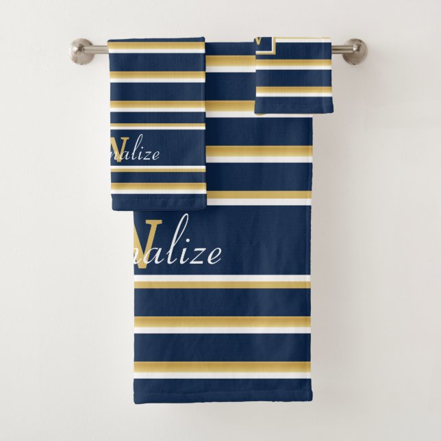 Conjunto De Toalhas Nome Personalizado Marinho Monograma Blue Dourado  (Insitu)