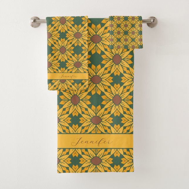 Conjunto De Toalhas Nome personalizado Padrão de girassol em verde esc (Insitu)