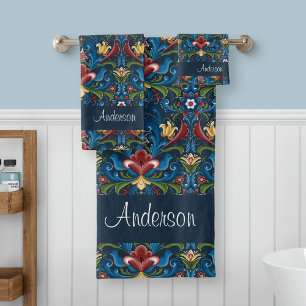 Conjunto De Toalhas Nome Personalizado Padrão Floral Arte Folclórica E