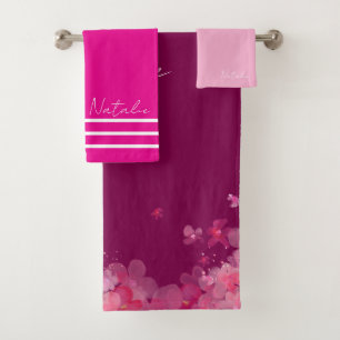 Conjunto De Toalhas nome vinho rosa quente flor de jardim aquarela