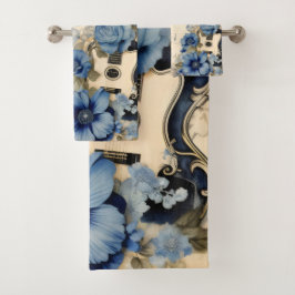 Conjunto De Toalhas Notas Musicais de Guitarra Azul Flores