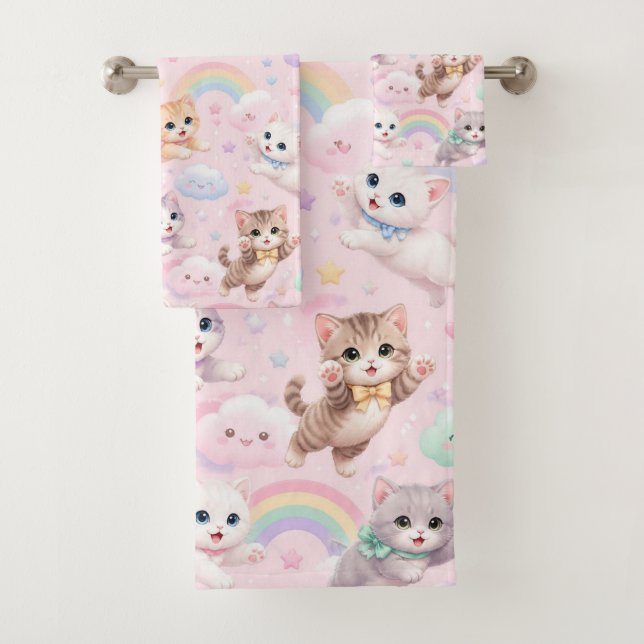 Conjunto De Toalhas Nuvens Arco-Íris Caprichosas Gatinhos Voadores Mág (Insitu)