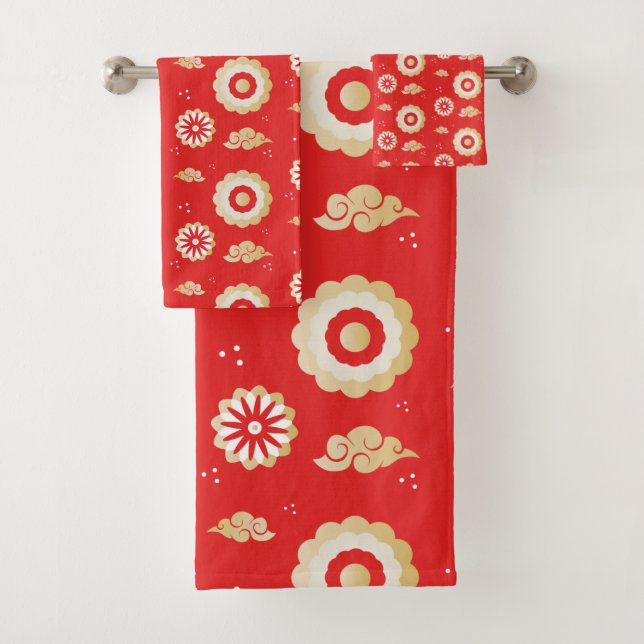 Conjunto De Toalhas Nuvens de vento japonesas Padrão Vermelho (Insitu)