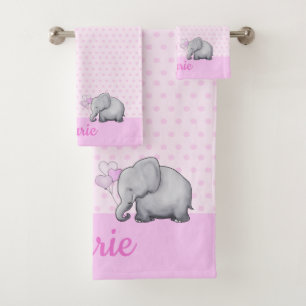 Conjunto De Toalhas O berçário da menina do elefante cor-de-rosa do