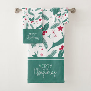 Conjunto De Toalhas O padrão dos olhos e cervos de Natal em branco.