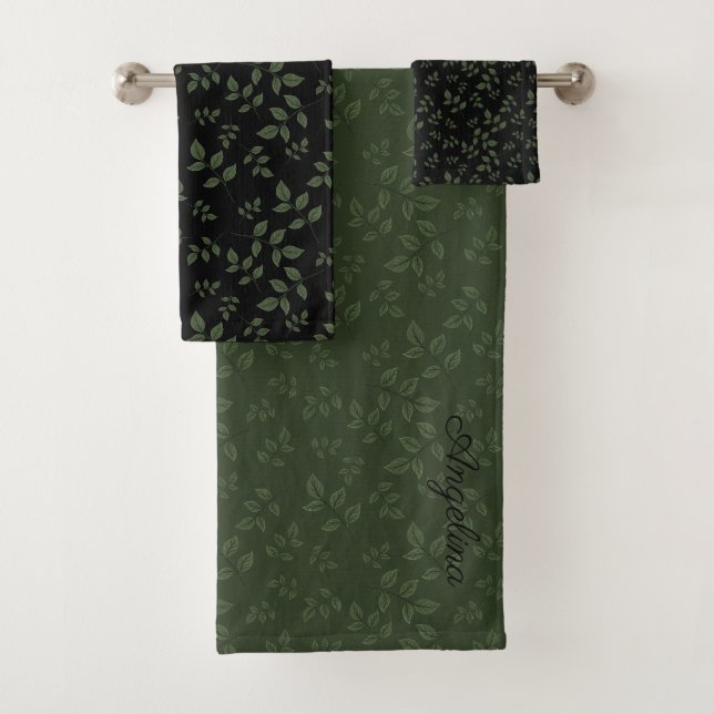 Conjunto De Toalhas O padrão preto verde deixa monograma (Insitu)