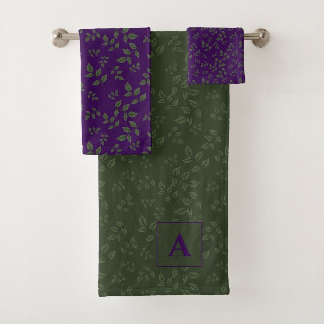 Conjunto De Toalhas O padrão roxo verde deixa monograma (Insitu)