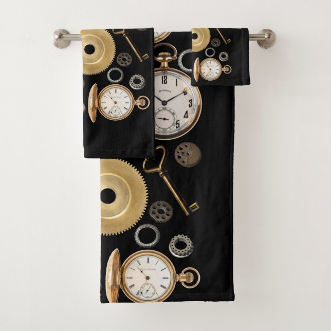 Conjunto De Toalhas Objetos Steampunk Gears Pocket Watch Skeletch Key (Insitu)