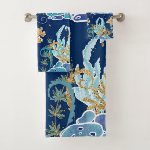 Conjunto De Toalhas Oceano Dourado de turquesa azul Elegante Turquesa