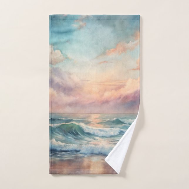 Conjunto De Toalhas Oceano Majestoso Ondas Sunset Aquarela Costeira (Toalha de mão)