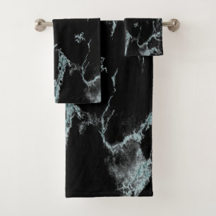 Conjunto De Toalhas Olho de Mármaco Preto de Veia Turquesa Clara