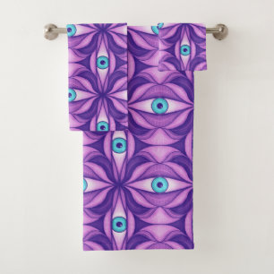 Conjunto De Toalhas Olhos Azuis em Folhagem Roxa Arte Botânica Escura