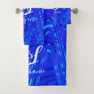 Conjunto De Toalhas Onda Abstrata Azul Neon Monograma Inicial Náutico