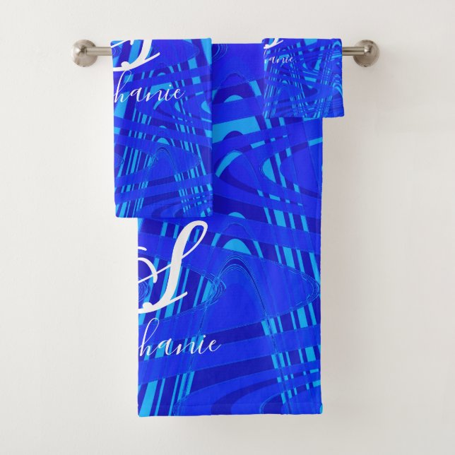 Conjunto De Toalhas Onda Abstrata Azul Neon Monograma Inicial Náutico (Insitu)