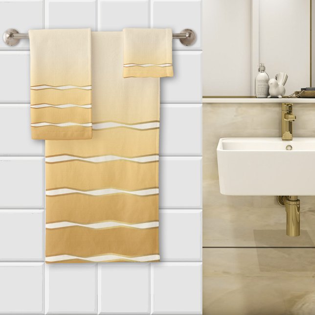 Conjunto De Toalhas Onda de Marfim Dourado Ensolarado (bathroom towel set featuring a wavy design in sunny ocher yellow and ivory with gold)