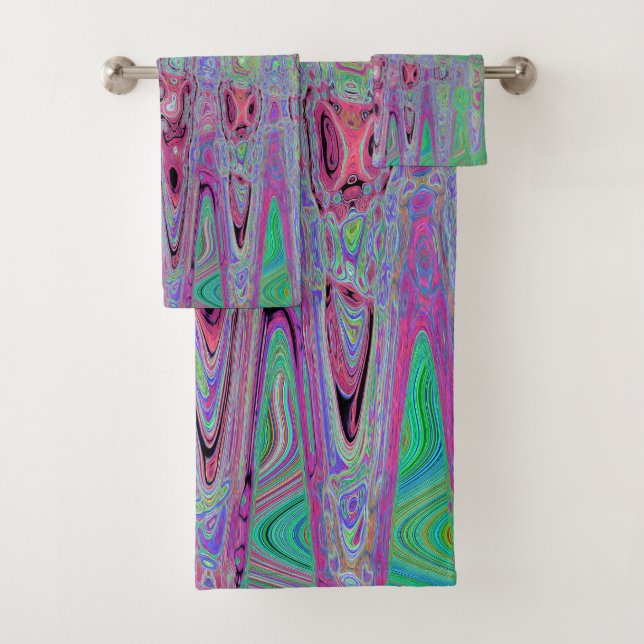 Conjunto De Toalhas Ondas Abstratas Atômicas Groovy Rosa e Verde Lima (Insitu)