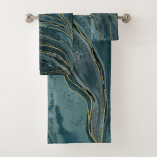 Conjunto De Toalhas Ondas Abstratas de Aquarela Azul Teal Dourado