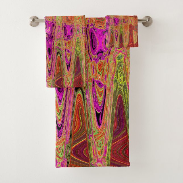 Conjunto De Toalhas Ondas Atômicas Abstratas Groovy Rosa Quente Retro (Insitu)