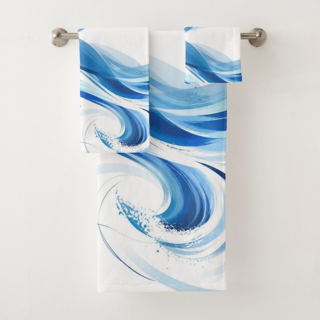 Conjunto De Toalhas Ondas Azuis Abstratas Arte Verão (Insitu)