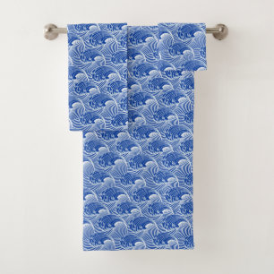 Conjunto De Toalhas Ondas, azuis cobaltos e branco japoneses do