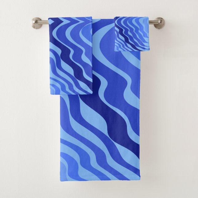 Conjunto De Toalhas Ondas Azuis Reflexivas Design Abstrato Moderno Art (Insitu)