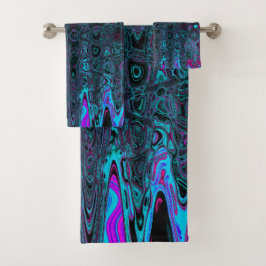 Conjunto De Toalhas Ondas de Abstrato preto e magenta aqua retrô