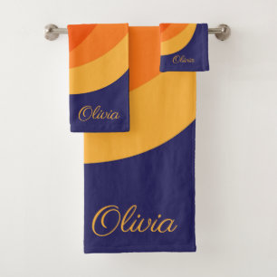 Conjunto De Toalhas Ondas diagonais cor de laranja púrpura e amarela