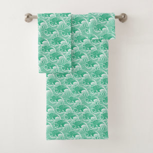 Conjunto De Toalhas Ondas japonesas do vintage, verde de jade e branco