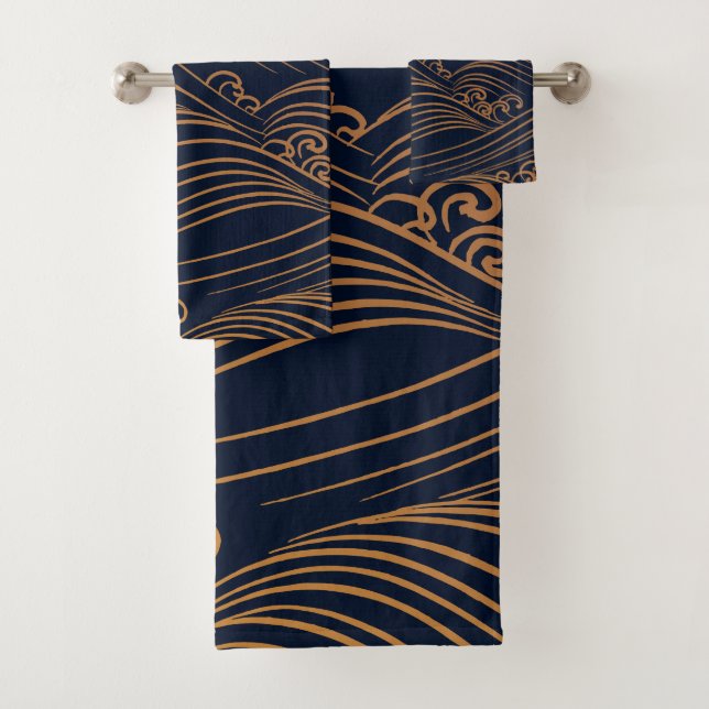 Conjunto De Toalhas Ondas Japonesas Padrão Marinho Azul e Castanho Dou (Insitu)