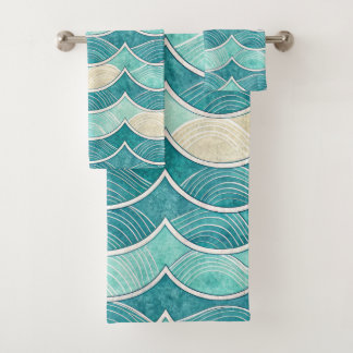 CONJUNTO DE TOALHAS ONDAS ROLANTES AZUIS, AQUA E BRANCAS