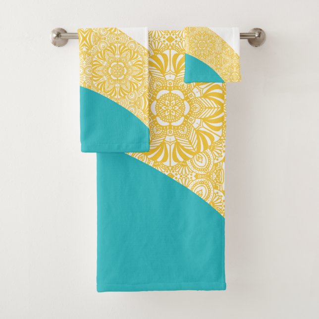 Conjunto De Toalhas Ondas Simples - Padrão Floral Turquesa e Amarelo (Insitu)
