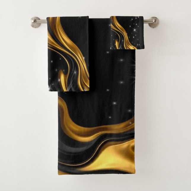 Conjunto De Toalhas Opulent Swirl Liquid Gold Black Monochro Christian (Insitu)