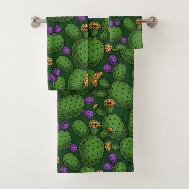 Conjunto De Toalhas Opuntia florescente em verde escuro (Insitu)