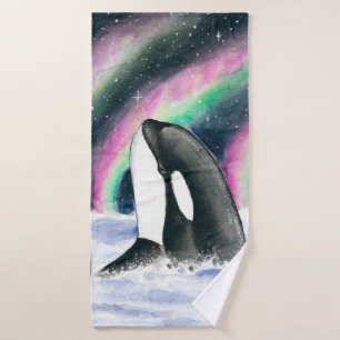 Conjunto De Toalhas Orca Whale Galaxy Nortes Luzes Estrelas Watercolor