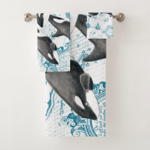 Conjunto De Toalhas Orca whales família antiga azul