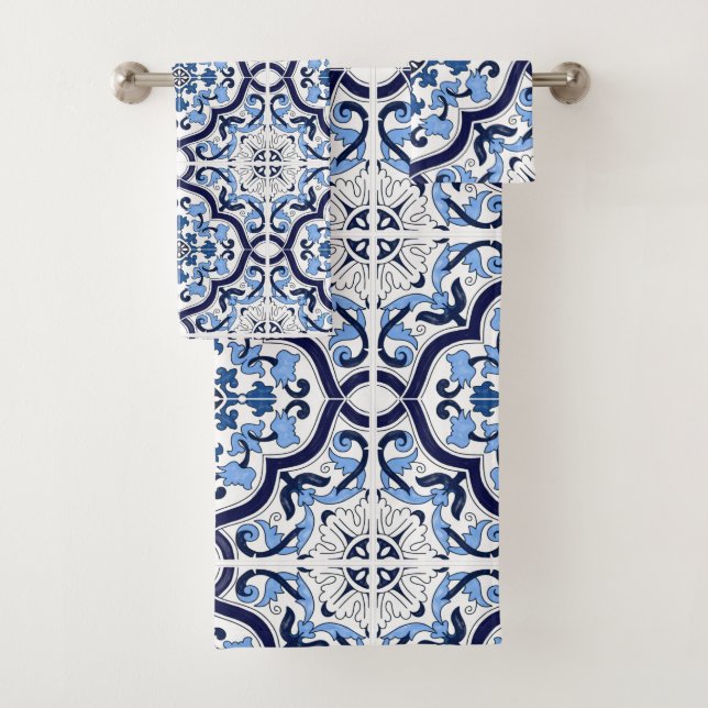 Conjunto De Toalhas  Ornamentado Azul Floral Mediterrâneo Azulejo Sici (Insitu)