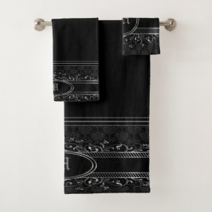 Conjunto De Toalhas Ornamentado Preto e Prateado, Gótico Monograma