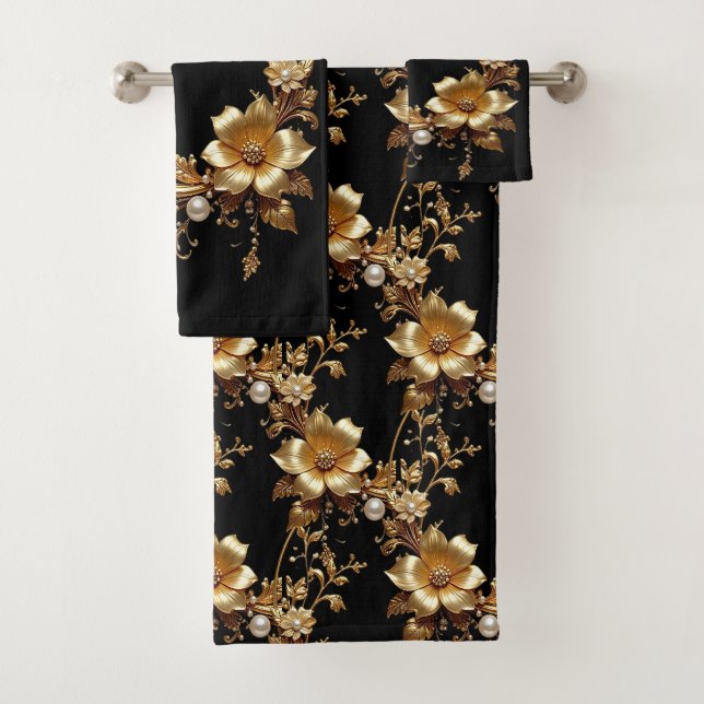 Conjunto de Toalhas Ornamentais Florais Douradas (Insitu)