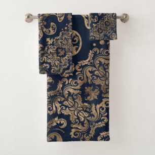 Conjunto De Toalhas Ornamento de luxo Fleur-de-lis - ouro e azul escur