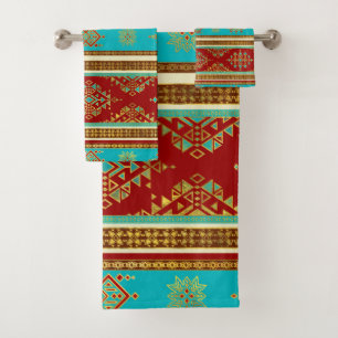 Conjunto De Toalhas Ornamento Etnico Colorido - Teto e Vermelho