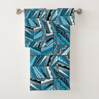 Conjunto De Toalhas Ornamento étnico monocromático azul.