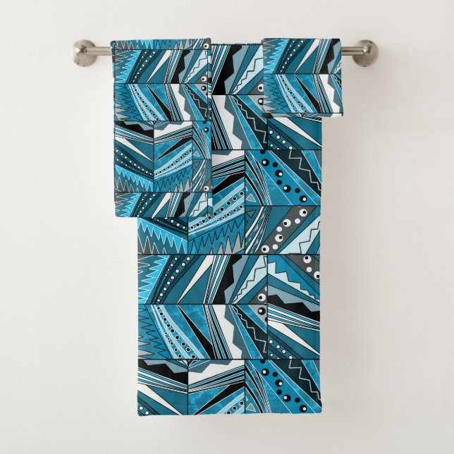 Conjunto De Toalhas Ornamento étnico monocromático azul. (Insitu)