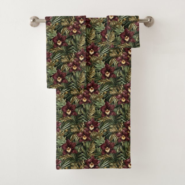 Conjunto De Toalhas Orquídea Floral Tropical Vermelho Borgonha (Insitu)