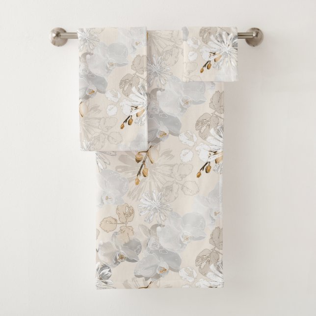 Conjunto De Toalhas Orquídeas brancas sobre um creme claro   (Insitu)
